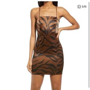Topshop Brown Zebra-Print Satin Mini Dress with Thin Straps
